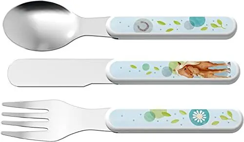 Produktbild: HABA Pferde-Besteck - Buntes Kinderbesteck aus Edelstahl mit ABS-Griffen - 3-teiliges Set aus Gabel, Messer & Löffel - Spülmaschinengeeignet - 1305695001