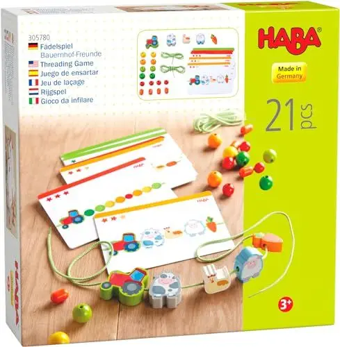 Produktbild: HABA Fädelspiel Bauernhof-Freunde – Kreatives Lernspiel & Fädelkette mit 21 Holzperlen & 2 Schnüren inkl. Vorlagekarten – Fädelspaß für Kinder ab 3 Jahren – 1305780001