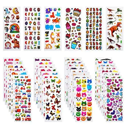 Produktbild: Habett 3D Aufkleber für Kinder & Kleinkinder, 920+ Geschwollen Stickers, Niedliche Verschiedene Set Buchstab en, Tier, Obst, Zahlen, Schmetterlinge, Einhorn, Dinosaurier und vieles mehr (36 Bogen)
