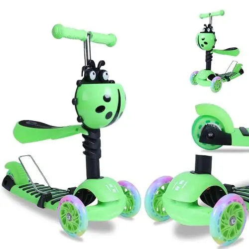Produktbild: Habib Gruppe 3-in-1 Kinderroller für Jungen und Mädchen - Abnehmbarer Sitz, LED-Räder, Höheverstellbarer Lenker, Tretroller - Kinder Roller Outdoor Spiel, für 2-8 Jahre Kinder - Grün