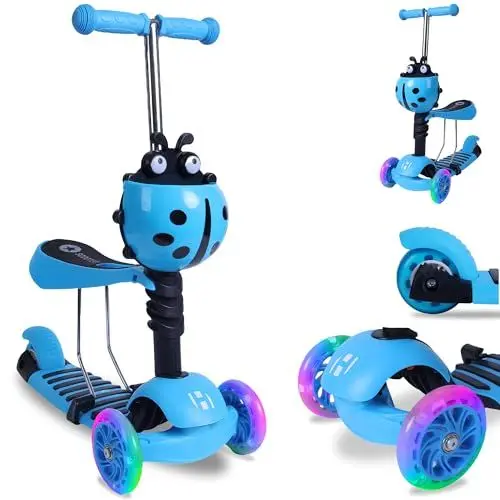 Produktbild: Habib Gruppe 3-in-1 Kinderroller für Jungen und Mädchen - Abnehmbarer Sitz, LED-Räder, Höheverstellbarer Lenker, Tretroller - Kinder Roller Outdoor Spiel, für 2-8 Jahre Kinder - Pink
