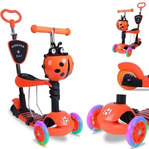 Produktbild: Habib Gruppe 5-in-1 Kinderroller mit Rückenlehne für Jungen und Mädchen - Abnehmbarer Sitz, LED-Räder, Höheverstellbarer Lenker, Tretroller - Kinder Roller Outdoor Spiel, für 2-8 Jahre Kinder (Orange)