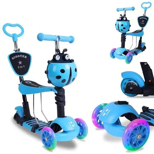 Produktbild: Habib Gruppe 5-in-1 Kinderroller mit Rückenlehne für Jungen und Mädchen - Abnehmbarer Sitz, LED-Räder, Höheverstellbarer Lenker, Tretroller - Kinder Roller Outdoor Spiel, für 2-8 Jahre Kinder - Rosa