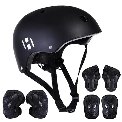 Produktbild: Habib Gruppe Verstellbarer Kinderfahrradhelm & 6-teiliges Schützer-Set - Ventiliert, Knie-, Ellbogen-, Handgelenkschützer, 8-13 Jahre, Mädchen & Jungen, Fahrrad, Roller, Klettern, Skateboard