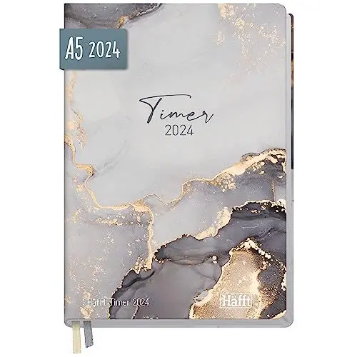 Produktbild: Häfft-Timer 2024 A5 (Grey Marble) JANUAR - DEZEMBER 2024 | Hardcover Kalender/Terminplaner für Schule, Ausbildung, Studium und junge Erwachsene | nachhaltig & klimaneutral