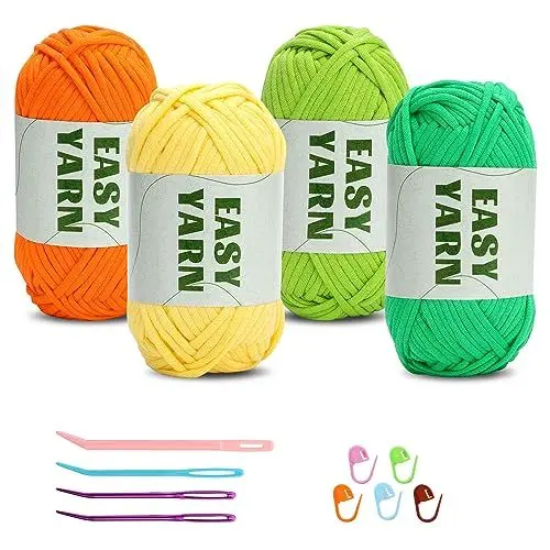 Produktbild: Häkelgarn für Anfänger, 4x50g, Kein Geteiltes Garn, Klobiges Baumwollgarn, Einfaches Strickgarn zum Häkeln, Stricken, Dickes, Sperriges Baumwollgarn für Anfänger(Orange + Gelb + Hellgrün + Dunkelgrün)