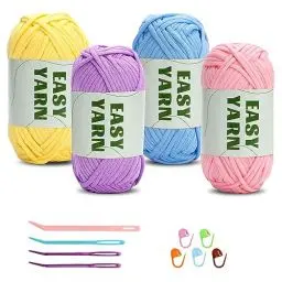 Produktbild: Häkelgarn für Anfänger, 4x50g, Kein Geteiltes Garn, Klobiges Baumwollgarn, Einfaches Strickgarn zum Häkeln, Stricken, Dickes, Sperriges Baumwollgarn für Anfänger(Rosa + Lila + Blau + Gelb)