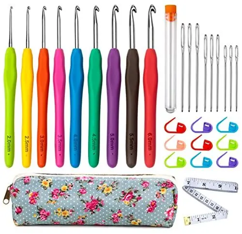 Produktbild: Häkelhaken Set 9 Stück Bunte Ergonomische Soft Gummi Comfort Grip Häkeln Stricken Nadeln Kit Haushalt Werkzeug mit tragbaren Tasche