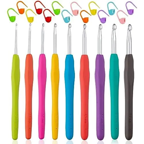 Produktbild: Häkelnadel, 9 Stück Häkelnadel Set Mit Ergonomischem Softgriff Für Unvergleichlichen Komfort Und Präzise Kontrolle, Inklusive Maschenmarkierern - Perfekt Für Anfänger Und Erfahrene Häkelliebhaber
