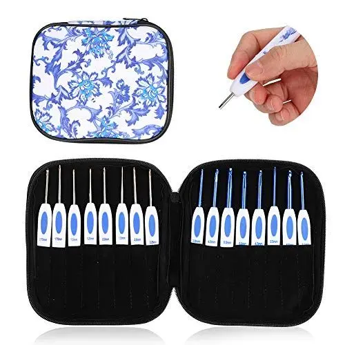 Produktbild: Häkelnadel-Set, Strickwerkzeug, Häkelnadel-Set aus Aluminium mit Blauem und Weißem Porzellan-Mustergriff, Häkelnadel-Set, Häkelzubehör, Ergonomische Häkelnadeln Zum Stricken