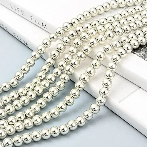 Produktbild: Perlin Hämatitperlen Perlen 4/6 mm für Armbänder Runde Nein Magnet Hämatit Edelsteine 38cm 1 Strang (Silber, 4mm 92 Stück)