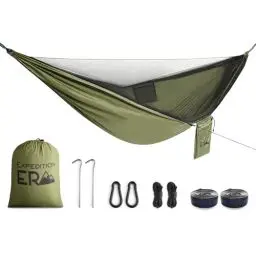 Produktbild: Hängematte Outdoor - Camping Hängematte mit Moskitonetz - Ultraleicht Tragbare Reisehängematte bis 200kg - Reise Waldhängematte XXL 270x140cm (Grun)
