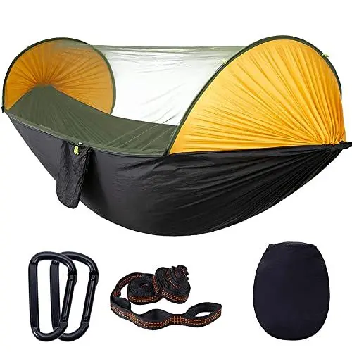 Produktbild: Hängematte Outdoor mit Moskitonetz 250x120 cm aus Nylon Fallschirmseide bis 200kg Ultra-Leicht Hängematten XXL Camping 2 Personen DF-HM-03 Schwarz-Orange