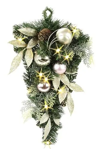 Produktbild: Hängende Tannendeko mit Dekozweige Zapfen Christbaum-Kugeln LED-Lichterkette für Tür Wand Hänger Wandhänger Hängende Deko Girlande Wanddekoration Weihnachtsstern Dekoration Weihnachtsdeko Kunstblumen