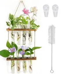 Produktbild: Hängende Vermehrungsstation Für Pflanzen, 2 Stufen Wand Pflanzgefäß Glas Reagenzglasvasen Für Blumen Mit Holzregal und 8 Reagenzgläser Für Innendekoration Hydrokulturpflanzen Hausgarten