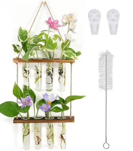 Produktbild: Hängende Vermehrungsstation Für Pflanzen, 2 Stufen Wand Pflanzgefäß Glas Reagenzglasvasen Für Blumen Mit Holzregal und 8 Reagenzgläser Für Innendekoration Hydrokulturpflanzen Hausgarten
