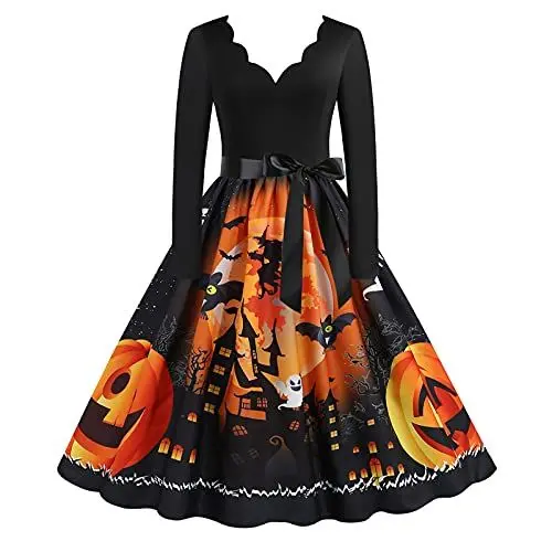 Produktbild: Halloween-Kleider FüR Frauen Halloween Partykleid für Frauen Langarm Cocktail Swing Kleid Kürbis Fledermaus Hexe Bedruckte Cosplay Hepburn Kleider Halloween Party Kleid Schwarz M