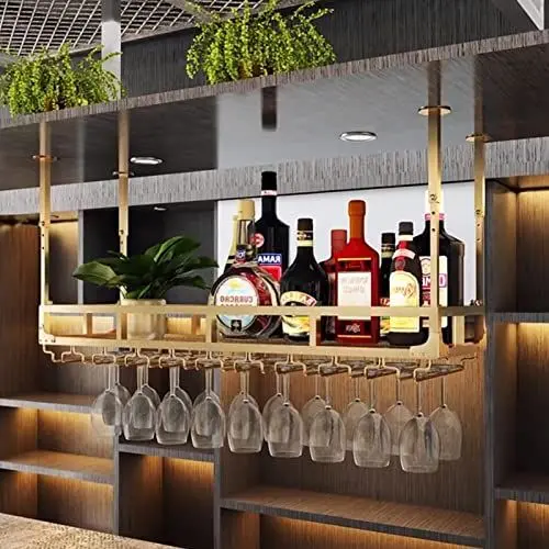 Produktbild: Hängendes Weinglasregal, goldenes Weinregal, an der Decke hängend, dekoratives Champagnerglas, Kelche, Stielglasregal, Weinflaschenregale, verstellbares Wandregal aus Metall für Bar-Restaura