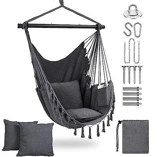 Produktbild: Hängesessel Hängeschaukel Hängestuhl mit 2 Kissen & Tasche, Übergroßer Hängesessel Kinder & Erwachsene max 330 lbs, Hängematte Indoor & Outdoor Schaukelstuhl für Wohn- Schlafzimmer Garten Terrasse