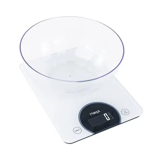 Produktbild: Haepi, Elektronische Glas-Küchenwaage, hohe Kapazität 15 kg/1g, Tarierfunktion, ideal für Backwaren, inklusive Schüssel, Batterien inklusive, 15 Jahre Garantie