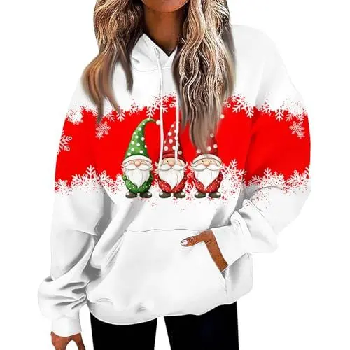 Produktbild: Hässlich Christmas Sweater Pullover Damene Print Soft Pullover Baumwolle Worker Christmas Mode Mit Gummizu Sweatshirt for Female Mit Kapuze Lange Ärmel Mit Taschen Rot