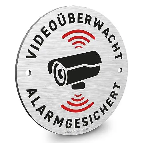 Produktbild: HAGEFOL® Schild Videoüberwachung und Alarmgesichert, rund (10 cm - klein), aus Alu-Dibond, inkl. 2 Bohrlöcher, Hinweis auf Kameraüberwachung für Überwachungskamera, Alarmanlage Haus, Kamera Atrappe