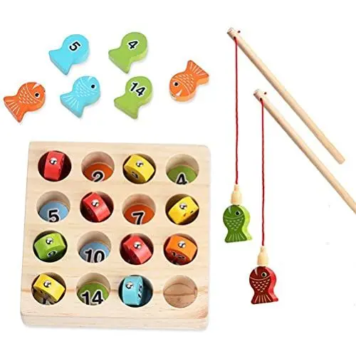 Produktbild: HAHAone Angelspiel Holz ab 2 3 4 Jahre, Motorikspielzeug Fisch Angel Spiel für Kinder, Montessori Motorik Holz Spielzeug Lernspielzeug Holzpuzzle Fische Angeln Geschenk Für Mädchen und Jungen