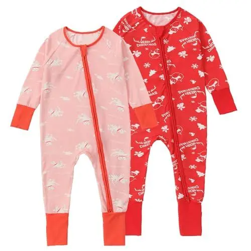 Produktbild: HAHASHOW Baby Junge Mädchen Langarm Strampler 2-Pack Zipper Schlafstrampler Kleinkind Kleidung Weihnachten Schlafsäcke 3-6 Monate Katze und Schnee