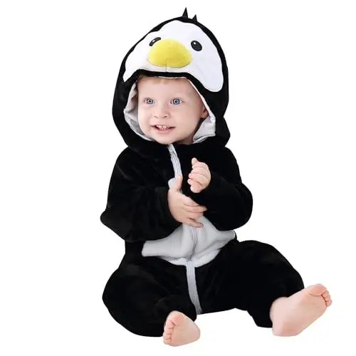 Produktbild: HAHASHOW Baby Winter Spielanzug Schlafanzug Baby Flanell Spielanzug mit Kapuze, Tier Jumpsuit für Junge und Mädchen, 12-18 Monate, Pinguin