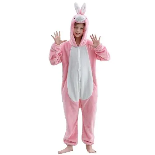 Produktbild: HAHASHOW Kinder Cosplay Jumpsuit, Unisex Pyjama Schlafanzug, Kinder Winter Flanell Strampler für Halloween Party, Jungen Mädchen 5-6Jahre, Kaninchen