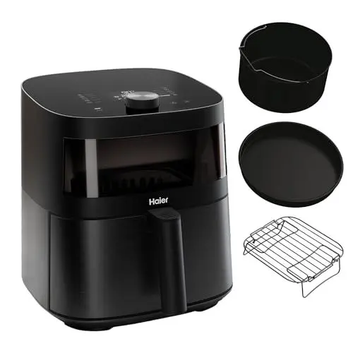 Produktbild: Haier Heißluftfritteuse mit Glasfenster I Airfryer mit 9 Programmen & 7 Liter Fassungsvermögen 1700W Fryer mit LED Display I Fritteuse Heißluft ohne Fett I spülmaschinenfest (Serie 5 - HAF5TWA3)