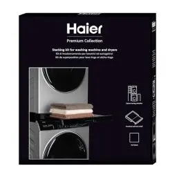 Produktbild: Haier Premium Universal Zwischenbaurahmen für Waschmaschinen und Trockner, platzsparend, mit schwarzem Anti-Kipp Ausziehboden, perfekt für schwarze Haier Waschmaschinen und Trockner