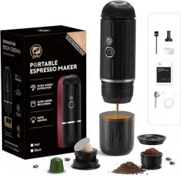 Produktbild: HAILASRE Tragbare elektrische EspressoMaschine, Selbst-Erwärmung 2 IN 1 Extraktions system, Crema Nespress Espresso Kaffee maschine, Unterstützung gemahlenen Kaffee und NS Kapsel, ME2218 (BLACK)