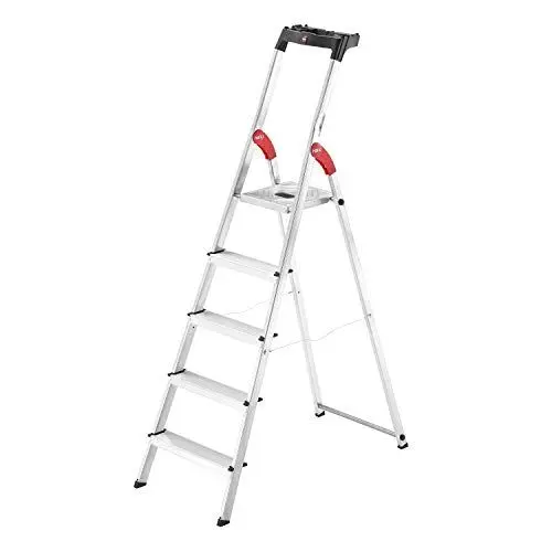 Produktbild: Hailo L60 StandardLine Alu-Sicherheits-Stehleiter , Leiter 5 Stufen belastbar bis 150 kg , stabile Holmführung , Stehleiter mit Ablage , klappbare Aluleiter made in Germany , Leiter rostfrei , silber