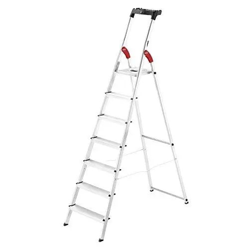 Produktbild: Hailo L60 StandardLine Alu-Sicherheits-Stehleiter - Leiter 7 Stufen belastbar bis 150 kg - stabile Holmführung - Stehleiter mit Ablage - klappbare Aluleiter Made in Germany - Leiter rostfrei - Silber