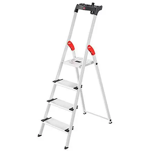 Produktbild: Hailo L80 ComfortLine Alu-Sicherheits-Stehleiter - klappbare Leiter mit 4 XXL Stufen und Ablageschale - Arbeitshöhe bis 285 cm - Gewicht 4,4 kg - Silber
