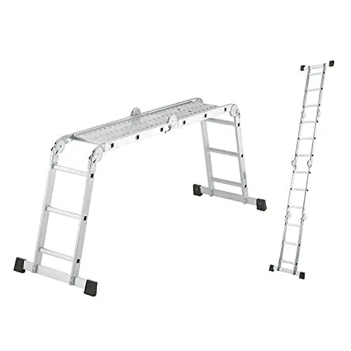 Produktbild: Hailo M60 Alu-Universalleiter - Kombileiter 4 x 3 Sprossen belastbar bis 150 kg - Mehrzweckleiter als rutschfeste Arbeitsbühne, Anlegeleiter, Stehleiter verwendbar - 6 Sicherheitsgelenke - Silber