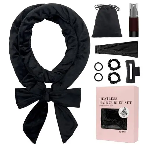 Produktbild: Hair Curlers Overnight Long Hair, Hair Curls Without Heat, Heatless Hair Curler Band 180 Cm Soft Velvet Non-Slip, Sleep Tie With Headband Curls Band For Sleeping (Black)