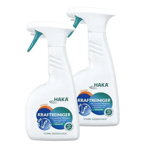 Produktbild: HAKA Kraftreiniger Spray, 2x 500ml, Badreiniger, starke Kalk- und Schmutzlösekraft, für Bad und Dusche, umweltfreundlich, Orangenduft, vegan