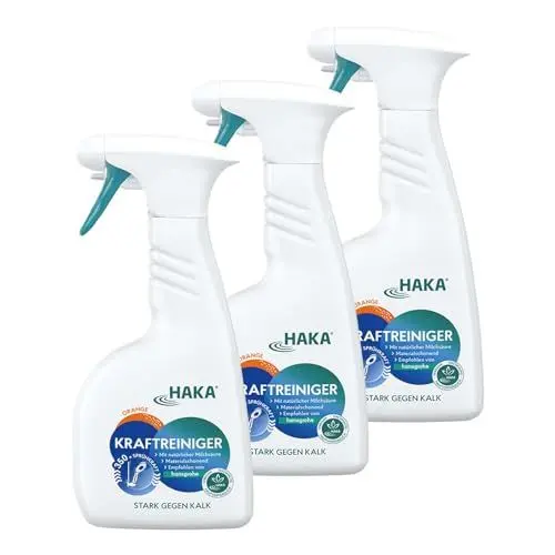 Produktbild: HAKA Kraftreiniger Spray, 3x 500ml, Badreiniger, starke Kalk- und Schmutzlösekraft, für Bad und Dusche, umweltfreundlich, Orangenduft, vegan
