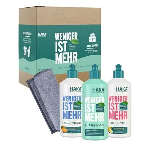 Produktbild: HAKA Reiniger-Set 'Weniger ist mehr', 1x Allzweckreiniger, 1x Spülmittel, 1x Badreiniger, 1x Putztuch, für Boden, Küche & Bad, nachhaltig, vegan, materialschonend, 3x 475ml inkl. Mikrofaser-Tuch