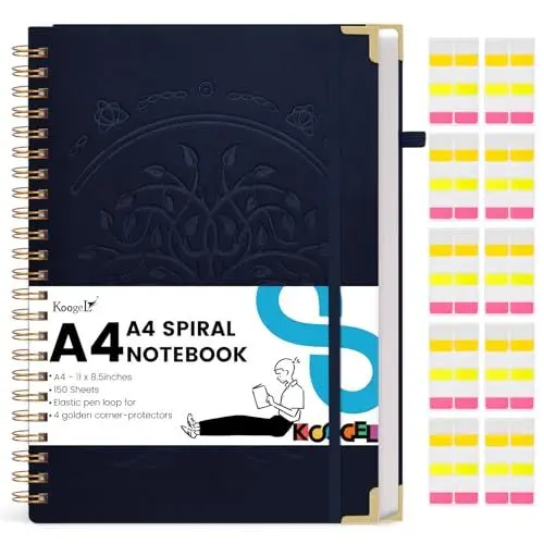 Produktbild: HAKACC Notizbuch A4 Liniert,150 Blatt/300 Seiten Spirale Notizblock im edlen Lederimitat Hardcover-Einband mit 80 g/m² Nachhaltiges Papier für Frauen Männer Arbeit Büro Schule 21 x 29.7 cm Dunkelblau