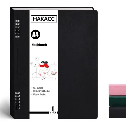 Produktbild: HAKACC Schwarz Spiral Notizbuch, 22 x 29 cm Liniert Notizheft A4 Notizblock für Frauen als Geschenk Büro Schule