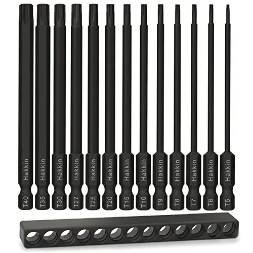 Produktbild: Hakkin 13 Stück T5-T40 Torx Schraubendreher Bits Set, 100 mm Torx Bitsatz Lang mit Loch Set 1/4
