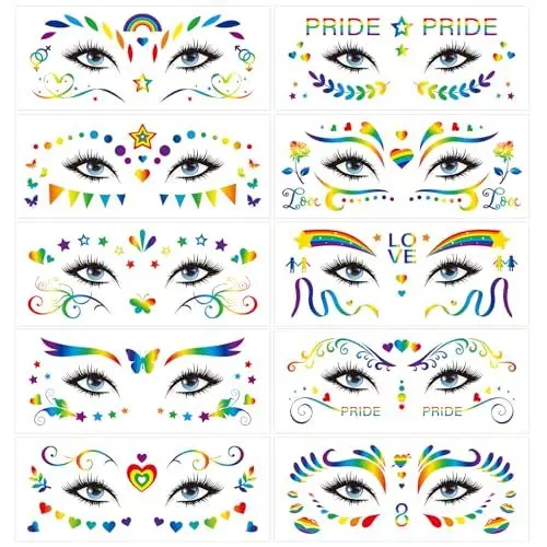 Produktbild: HAKOTOM 10 pcs Regenbogen Tattoo LGBT Temporäres Glitter Gesichtstattoo Pride Tattoos LGBT Stickers für Kinder Erwachsene Gesicht Sommer Motto Party Pride Party Pride Parades Karneval