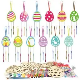 Produktbild: HAKOTOM 12 Stück Ostereier Windspiele Bastelset Kinder Ostern Eier Klangspiele Basteln Holz Osterei Bastelsets Osterbasteln Kunsthandwerk für Osterndeko Garten Haus Frühling Dekoration
