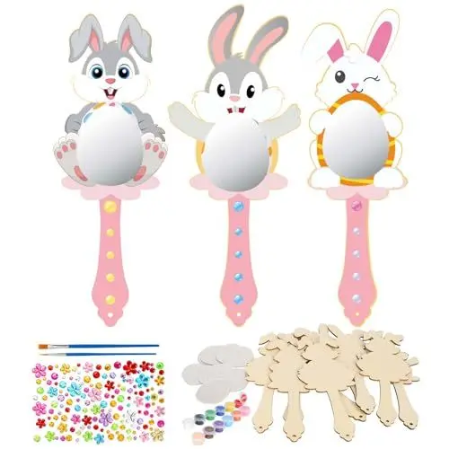 Produktbild: HAKOTOM 9 Stück Osterhase Spiegel Bastelset Mädchen Ostern Hase Holzspiegel DIY Holz Kaninchen Spiegel zum Bemalen Unvollendete Handspiegel Osterbasteln für Kinder Party Ostern Geschenk