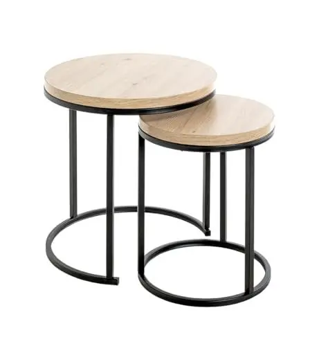 Produktbild: HAKU Möbel Beistelltisch 2er Set, Eiche, schwarz (Eiche hell), MDF, Metall - Maße: H 43 x Ø 32 cm/H 49 x Ø 45 cm, Style: Modern