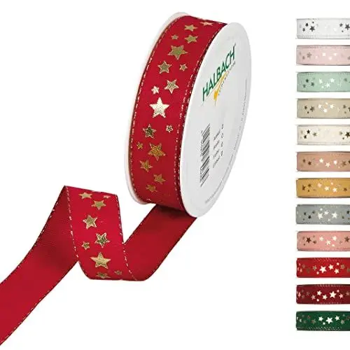 Produktbild: Halbach Seidenbänder 295 Sterne Geschenkband Weihnachten, Polyester, Weinrot, 2.5 cm