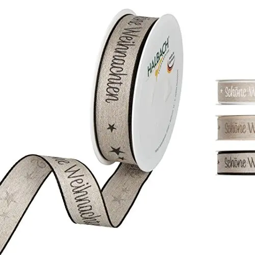 Produktbild: Halbach Seidenbänder Geschenkband Weihnachten Schöne aus Leinen 25mm x 15 m Natur zum Einpacken von Geschenken, Schleifenband mit Drahtkanten, Farbe: natural/black, 1058